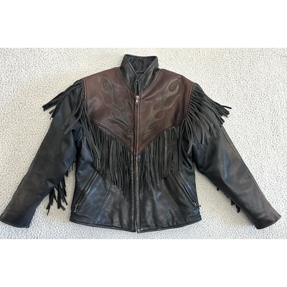 Vintage Black Hills Leather Motorcycle Jacket Sz 8 Crop Fringe Lace Up Carved